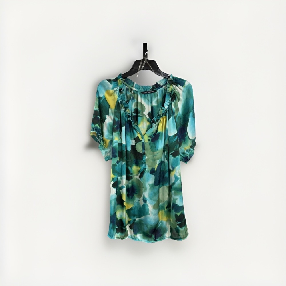 xac and rachel plus size babydoll type blue green blouse top sz 1 X 2X EUC C108